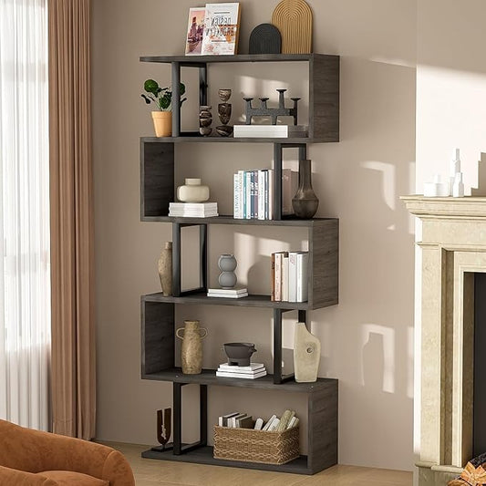 Librero Organizador en S 6 Niveles – Estante Minimalista de Madera y Metal, Abierto, Color Gris 160x70x24 cm
