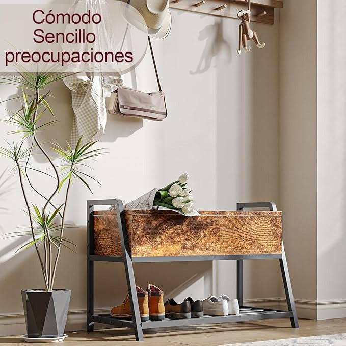 Banco de Zapatos Vintage Simple Hogar – Taburete de Entrada con Almacenamiento Abatible, Para Sala, Dormitorio o Recibidor, 90×40×61 cm