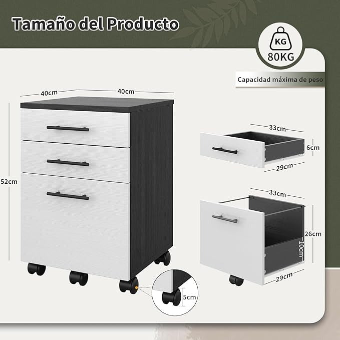 Archivero de Madera Blanco y Negro con 3 Cajones | Organizador de Oficina con Ruedas y Espacio para Impresora