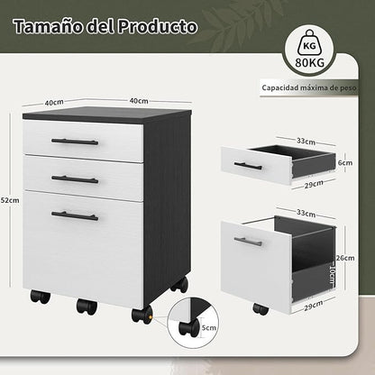 Archivero de Madera Blanco y Negro con 3 Cajones | Organizador de Oficina con Ruedas y Espacio para Impresora