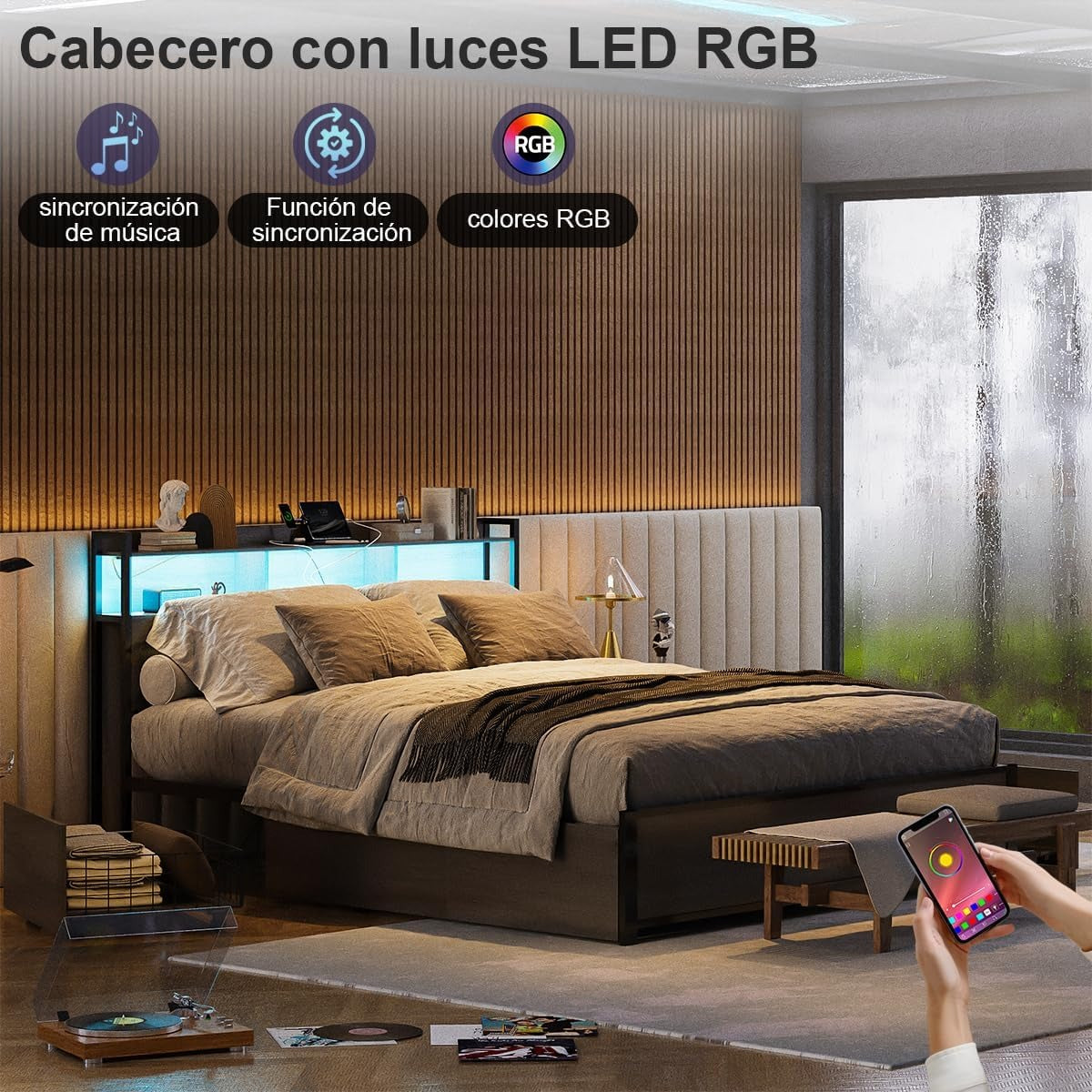 Base de Cama Matrimonial 1.4 m Simple Hogar – Con Almacenamiento, 2 Cajones, 2 Salidas de Carga, 2 Puertos USB y Luces LED