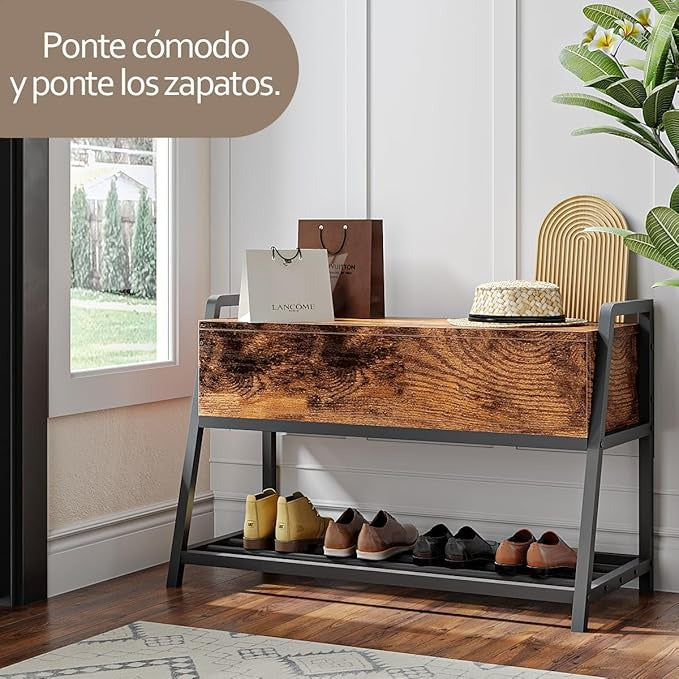 Banco de Zapatos Vintage Simple Hogar – Taburete de Entrada con Almacenamiento Abatible, Para Sala, Dormitorio o Recibidor, 90×40×61 cm
