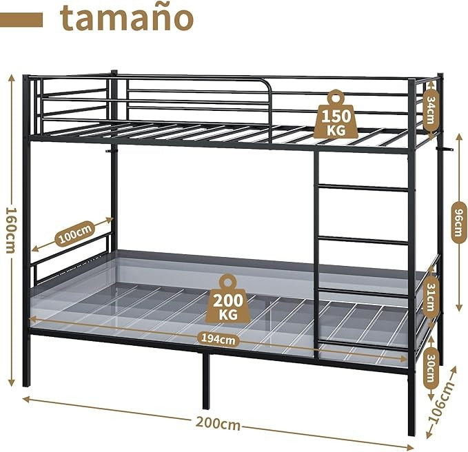 Litera de Metal Negra – Cama Alta con Barandilla y Escalera, Fuerte y Estable, para 1 Persona por Nivel, Individual o Matrimonial, 200×106×160 CM