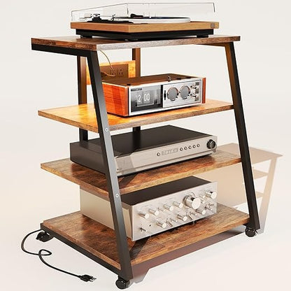 Soporte para Bocinas Vintage 4 Niveles – Estante Multimedia con Ruedas, Regleta, Luz LED y Esquinero 60×48×80 cm
