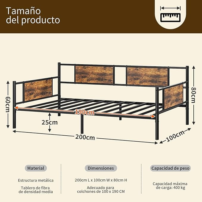 Sofá Cama Individual 100x190 cm – Base de Hierro y Madera, Estructura Resistente para Sala o Dormitorio