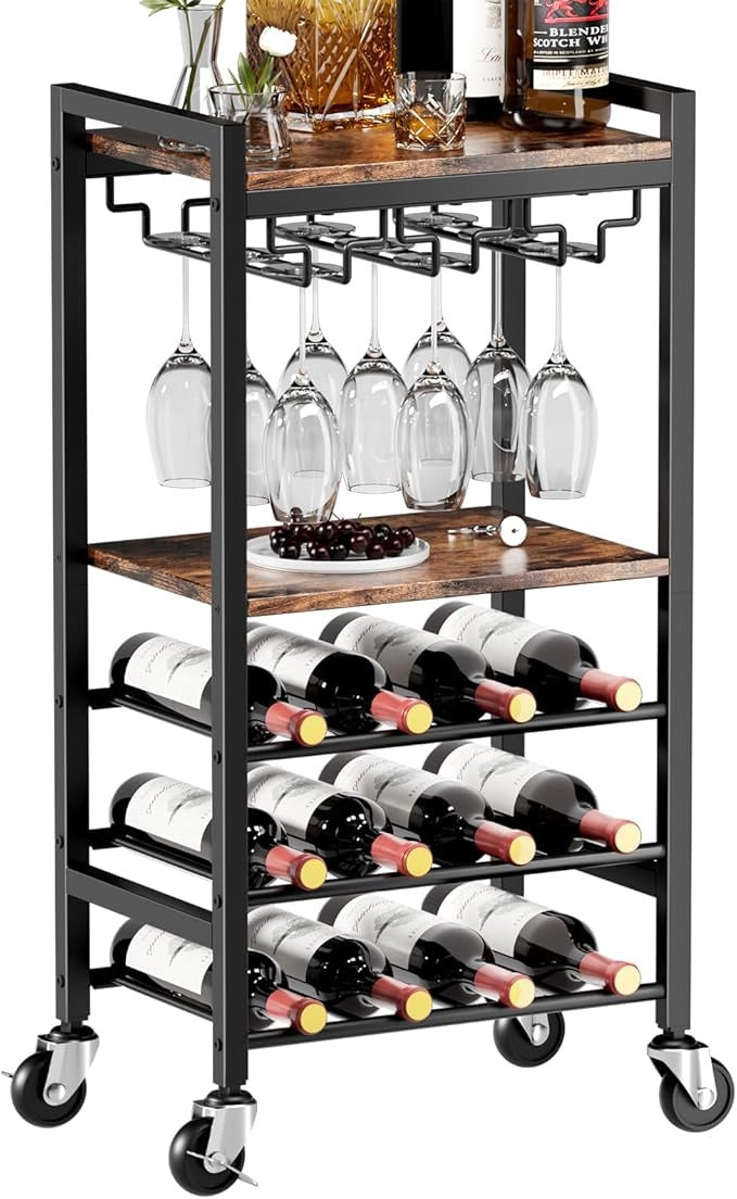 Carrito Bar de 5 Niveles con Porta Copas y Botellero para 12 Botellas – Carrito de Servicio Vintage para Hogar, Cocina o Sala de Estar