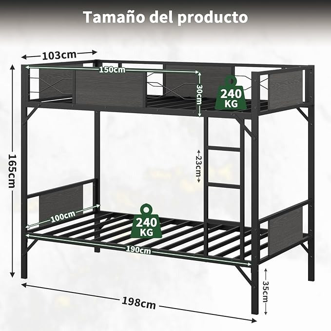 Litera Individual y Matrimonial de Hierro y Madera | Fuerte, Estable y Segura con Barandillas y Escalera – Ideal para Adultos y Hogar