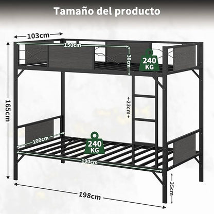 Litera Individual y Matrimonial de Hierro y Madera | Fuerte, Estable y Segura con Barandillas y Escalera – Ideal para Adultos y Hogar