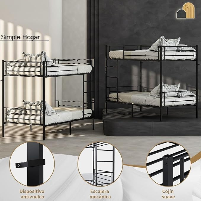 Litera de Metal Negra – Cama Alta con Barandilla y Escalera, Fuerte y Estable, para 1 Persona por Nivel, Individual o Matrimonial, 200×106×160 CM