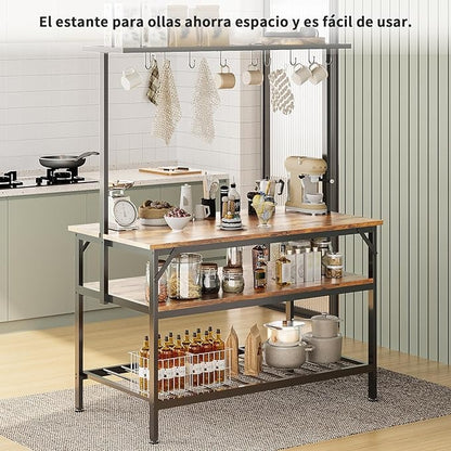 Mueble de Cocina 3 Niveles – Isla de Cocina con Tablero de Madera, 10 Ganchos, Agarradera y Fácil de Montar (120x60 cm)
