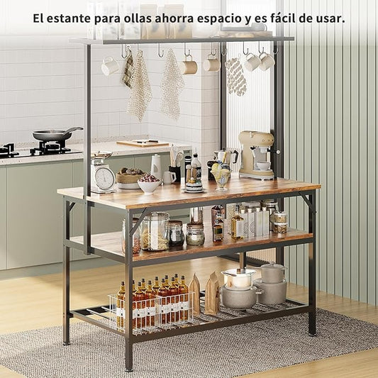 Mueble de Cocina 3 Niveles – Isla de Cocina con Tablero de Madera, 10 Ganchos, Agarradera y Fácil de Montar (120x60 cm)