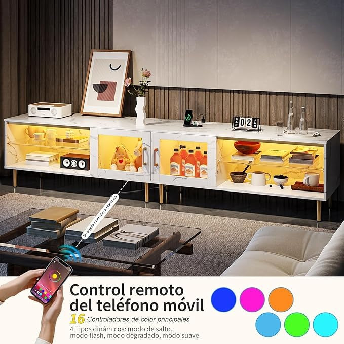 Mueble para TV Simple Wisdom 2M – Centro de Entretenimiento con Luz LED y Regleta, para Televisores de 65-85”, con 6 Espacios de Almacenamiento y Madera de Alta Gama