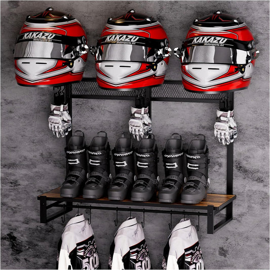 Soporte de Casco de Pared – Porta Casco para Motocicleta, Retro de Madera y Hierro, Tipo Exhibición (Grande)