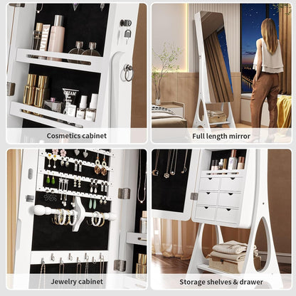Espejo Joyero con Luces LED y Llave | Espejo Organizador de Pie y de Puerta con Almacenamiento para Joyería – 155×42×36 cm