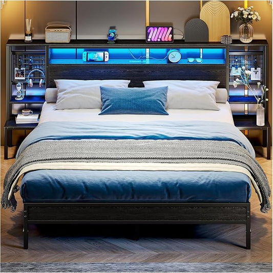 Base de Cama Matrimonial con Luz LED y Carga USB | Cabecera con Almacenaje, Metal y Madera 140x190 cm