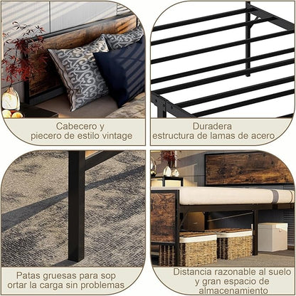 Base de Cama Matrimonial con Cabecera y Pie – Estructura Metálica Resistente con Lamas de Soporte | Diseño Simple y Moderno para Dormitorio