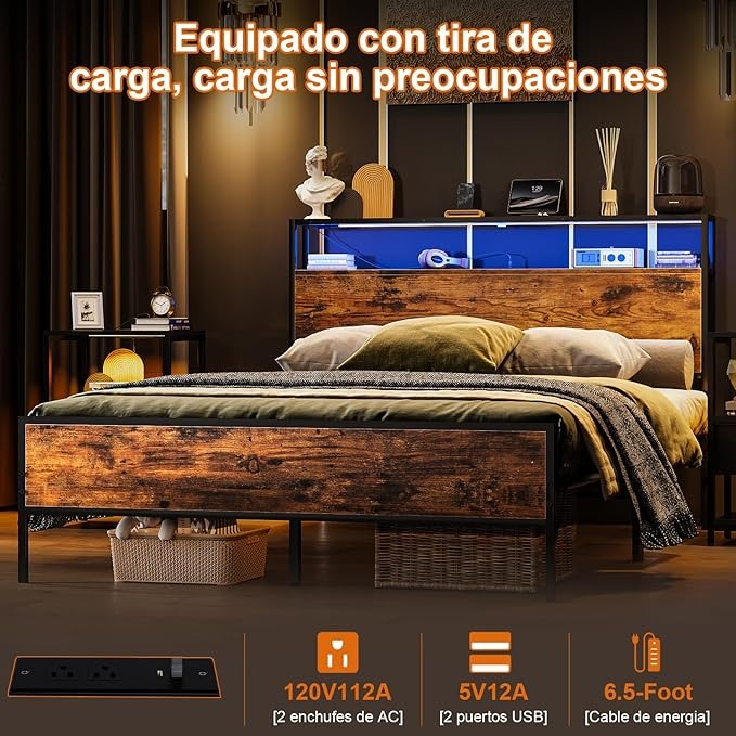 Cama Matrimonial con Cabecero de Almacenamiento, Base de 1.4 m con Luces LED, Contactos de Carga y Puertos USB – Blanco Moderno