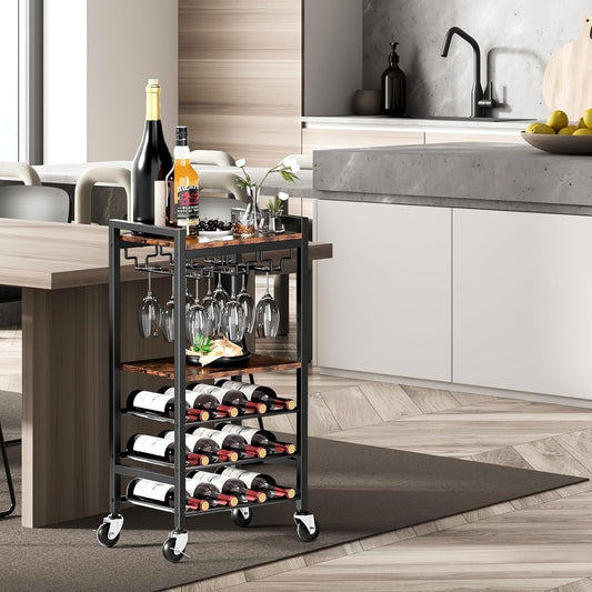 Carrito Bar de 5 Niveles con Porta Copas y Botellero para 12 Botellas – Carrito de Servicio Vintage para Hogar, Cocina o Sala de Estar