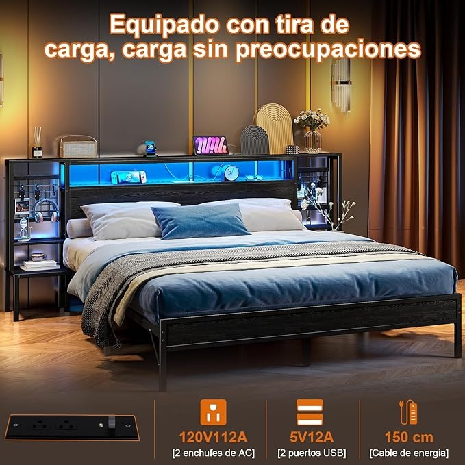 Base de Cama Matrimonial con Luz LED y Carga USB | Cabecera con Almacenaje, Metal y Madera 140x190 cm