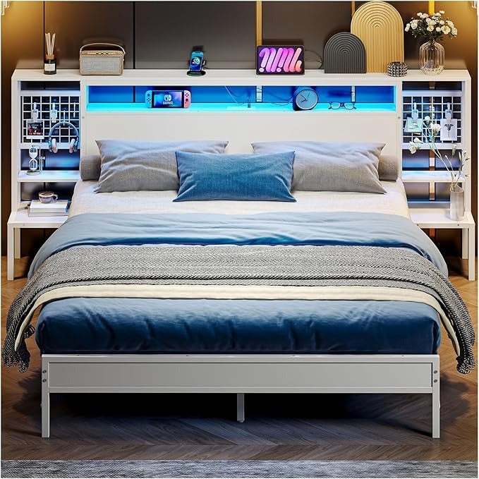 Base de Cama Matrimonial con Luz LED y Carga USB | Cabecera con Almacenaje, Metal y Madera 140x190 cm