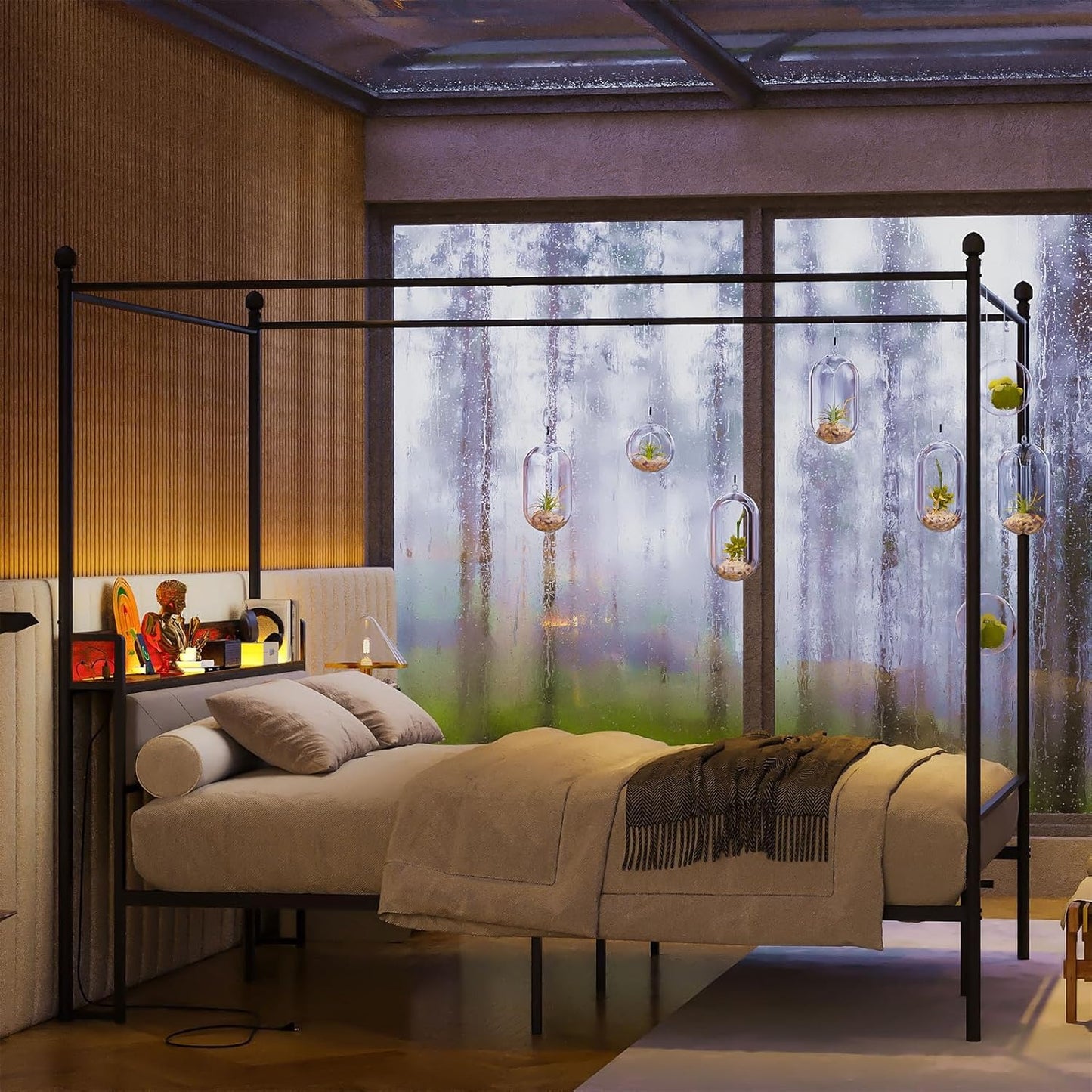 Cama Matrimonial con Mosquitera – Estructura 1.4M, Cabecero, Barra, 2 Puertos USB, Tomas de Carga y Luz LED