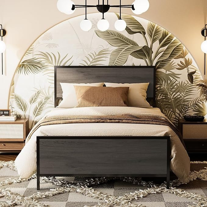 Base de Cama Matrimonial con Cabecera y Pie – Estructura Metálica Resistente con Lamas de Soporte | Diseño Simple y Moderno para Dormitorio