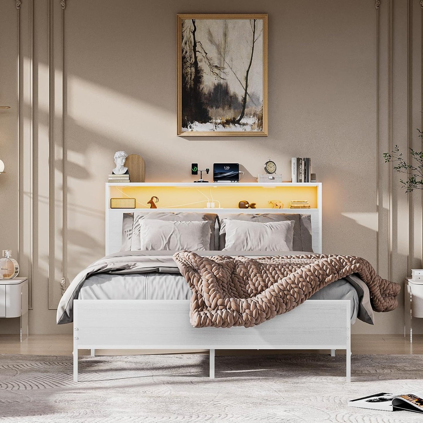 Cama Matrimonial con Cabecero de Almacenamiento, Base de 1.4 m con Luces LED, Contactos de Carga y Puertos USB – Blanco Moderno