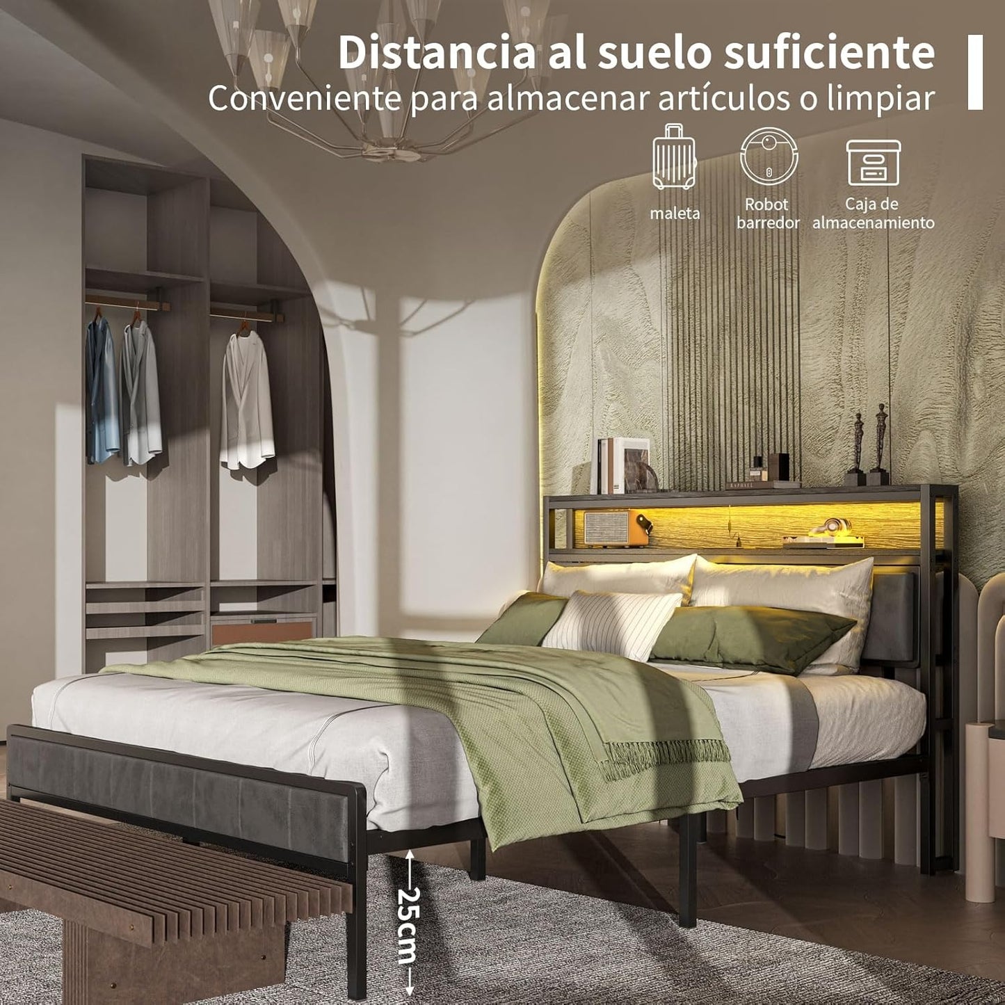 Cama Matrimonial Ajustable Okán – Cabecero con Almacenamiento, Cojines Grises, 2 Puertos USB y Luces LED