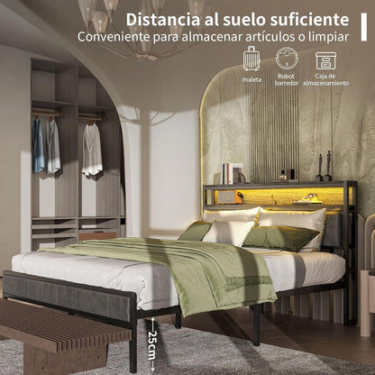 Cama Matrimonial Ajustable Okán – Cabecero con Almacenamiento, Cojines Grises, 2 Puertos USB y Luces LED