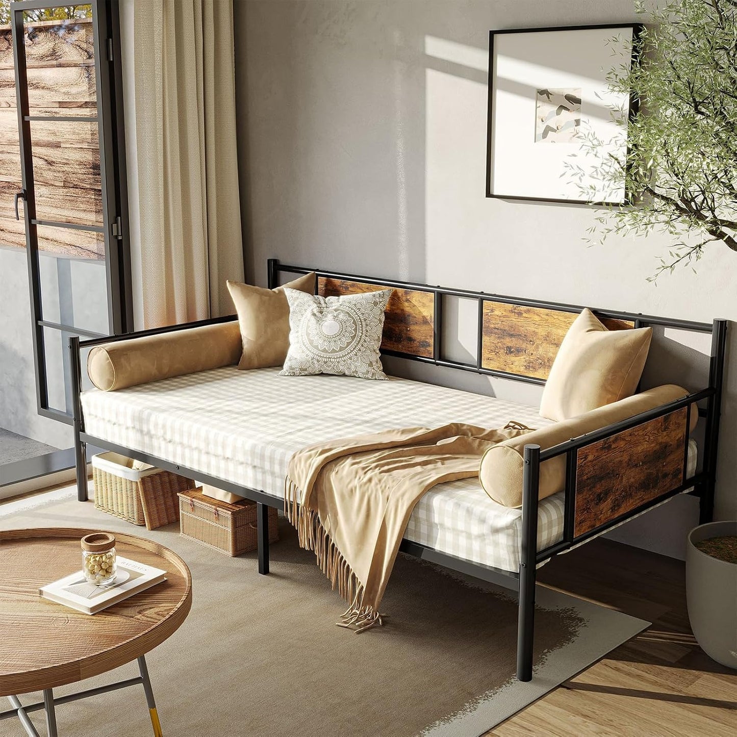 Sofá Cama Individual 100x190 cm – Base de Hierro y Madera, Estructura Resistente para Sala o Dormitorio