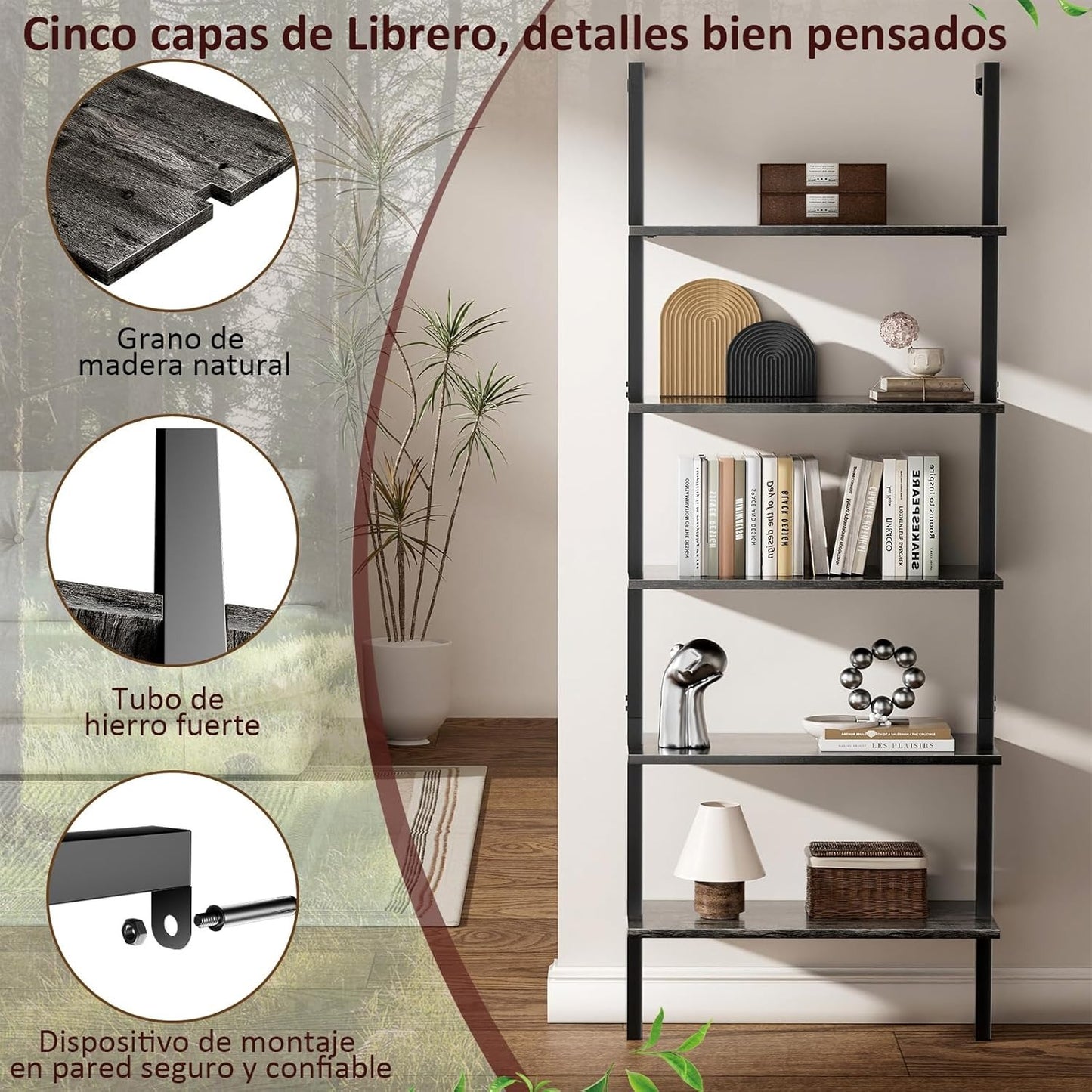 Librero de Pared de 5 Niveles – Estante Organizador Minimalista para Sala, Oficina y Recámara