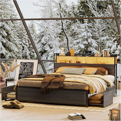 Base de Cama Matrimonial 1.4 m Simple Hogar – Con Almacenamiento, 2 Cajones, 2 Salidas de Carga, 2 Puertos USB y Luces LED