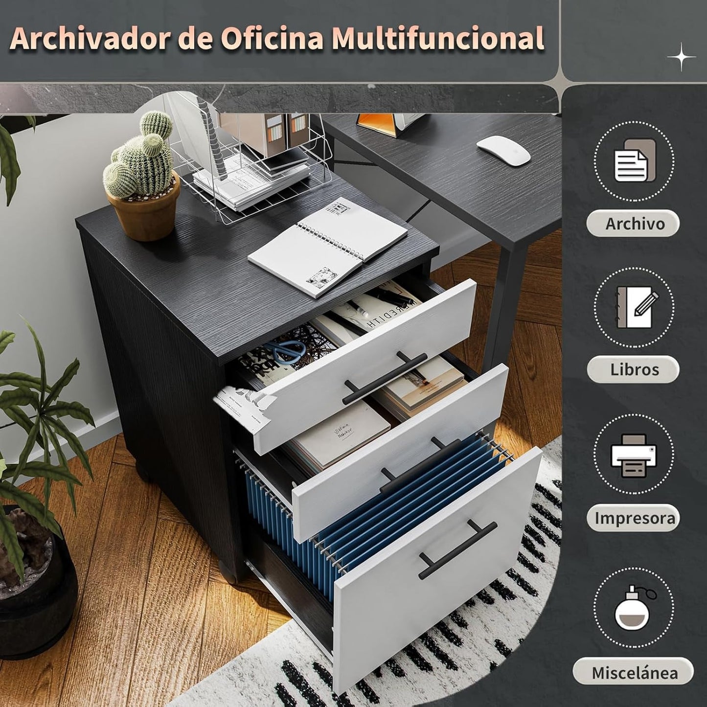 Archivero de Madera Blanco y Negro con 3 Cajones | Organizador de Oficina con Ruedas y Espacio para Impresora