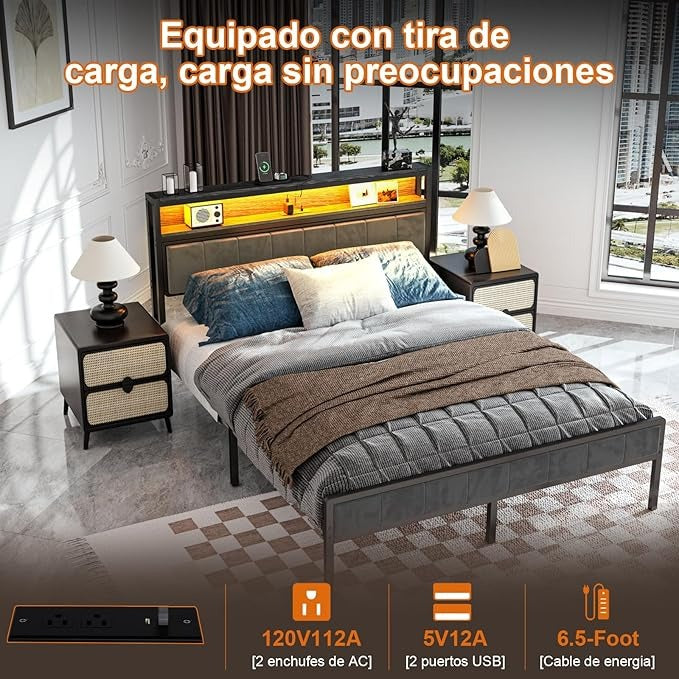 Cama Matrimonial Ajustable Okán – Cabecero con Almacenamiento, Cojines Grises, 2 Puertos USB y Luces LED