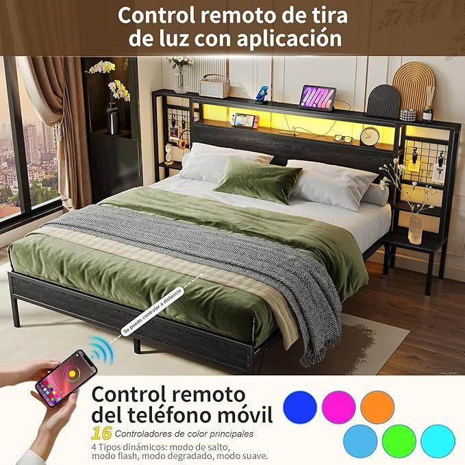Base de Cama Matrimonial con Luz LED y Carga USB | Cabecera con Almacenaje, Metal y Madera 140x190 cm