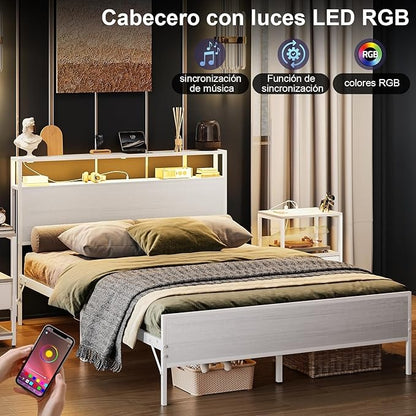 Cama Matrimonial con Cabecero de Almacenamiento, Base de 1.4 m con Luces LED, Contactos de Carga y Puertos USB – Blanco Moderno
