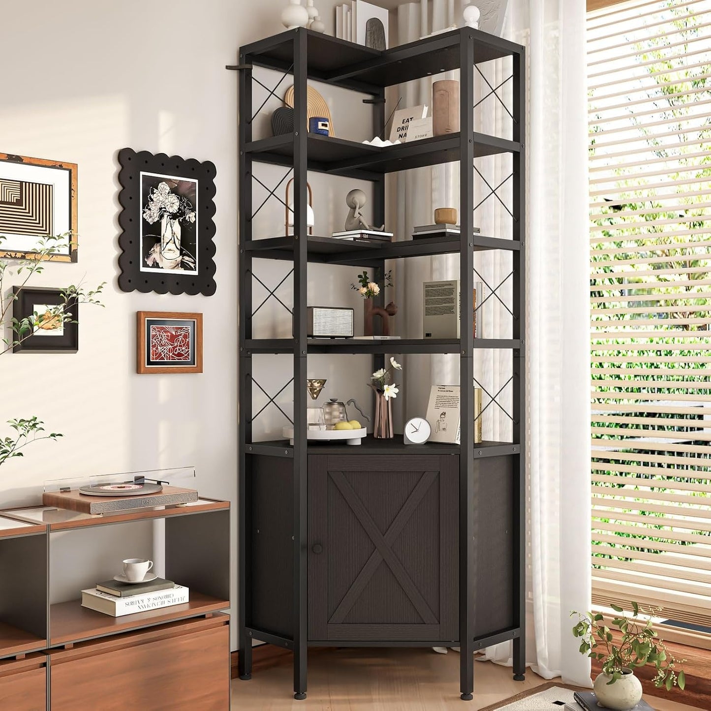 Librero Esquinero de 5 Niveles con Puerta | Mueble Organizador de Almacenaje 200cm | Estilo Minimalista para Hogar u Oficina