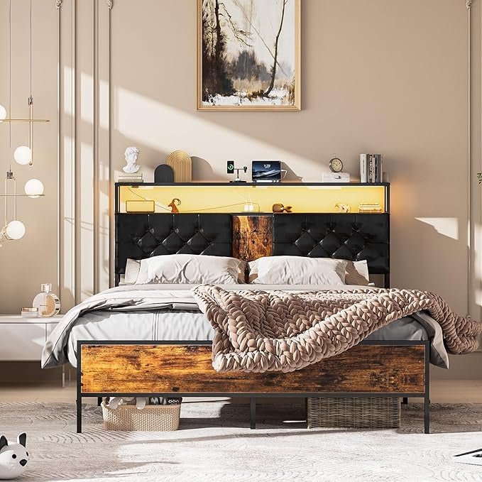 Base de Cama Matrimonial 1.4m con Cabecero Tapizado, Luces LED, 2 Salidas AC y 2 Puertos USB – Almacenamiento Incluido