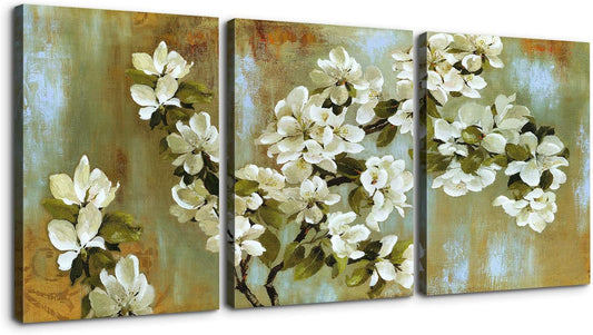 3 Panels Canvas Wall Art for Home Decor White Flowers Pictures Painting Artwork for Home Decoration, Stretched and Framed Ready to Hang - 24"x32"x3 Panels Wall Decor