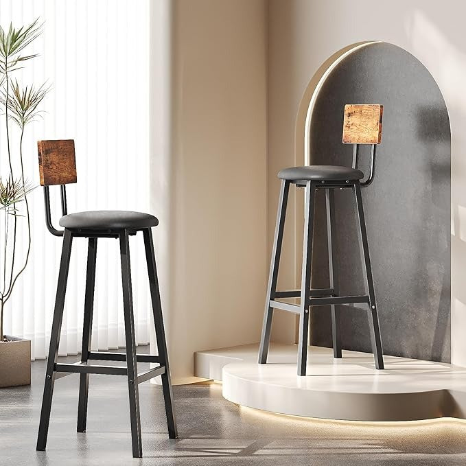 Juego de 2 Bancos para Barra Altos de 96 cm – Estilo Vintage de Madera y Hierro con Asiento de PU, Ideal para Cocina, Bar o Restaurante