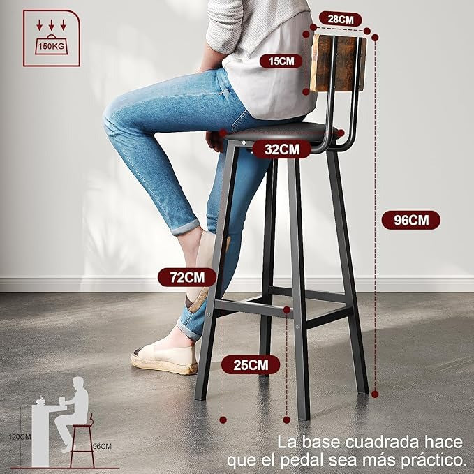 Juego de 2 Bancos para Barra Altos de 96 cm – Estilo Vintage de Madera y Hierro con Asiento de PU, Ideal para Cocina, Bar o Restaurante