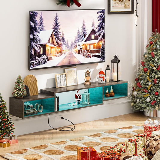 Mueble Flotante para TV 70" en Gris Oak – LED, 3 Espacios Abiertos, Enchufe Americano, Moderno y Ahorrador de Espacio