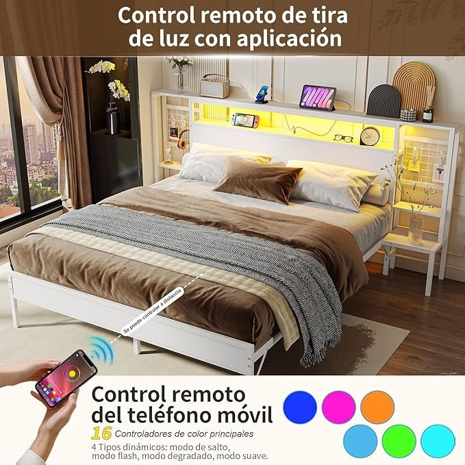 Base de Cama Matrimonial con Luz LED y Carga USB | Cabecera con Almacenaje, Metal y Madera 140x190 cm
