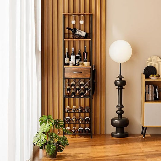 Estante de Vino de 1.7 m para Piso con Cajón y Bolsillos Laterales | Rack para Botellas y Barra de Vinos Moderna