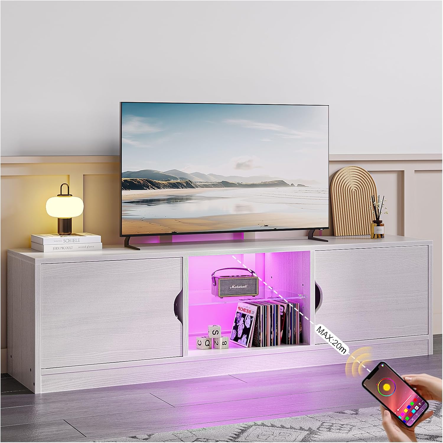 Mueble para TV, 120 CM TV Grande, con Vidrio Templado Luz LED Centro de Entretenimiento para TV, Mesa para TV de Madera de Alta Gama, Apto para Salón y Dormitorio