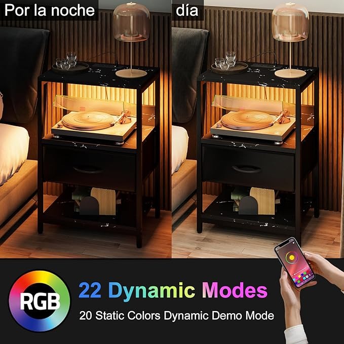 Buró / Mesita de Noche con LED – Mesa Auxiliar con 2 Enchufes y Puertos USB