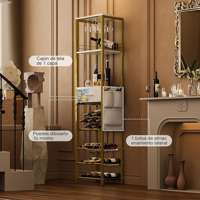 Estante de Vino de 1.7 m para Piso con Cajón y Bolsillos Laterales | Rack para Botellas y Barra de Vinos Moderna