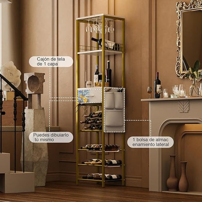 Estante de Vino de 1.7 m para Piso con Cajón y Bolsillos Laterales | Rack para Botellas y Barra de Vinos Moderna
