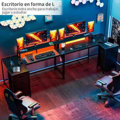 Escritorio en L Gamer Simple Wisdom – Minimalista, Esquinero, con Cajón, Luz LED y Soporte para Monitor