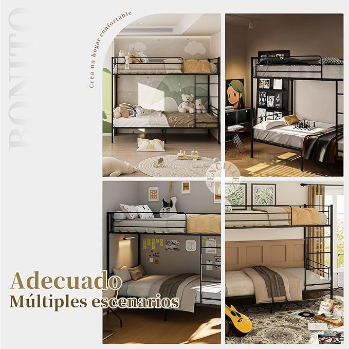 Litera de Metal Negra – Cama Alta con Barandilla y Escalera, Fuerte y Estable, para 1 Persona por Nivel, Individual o Matrimonial, 200×106×160 CM